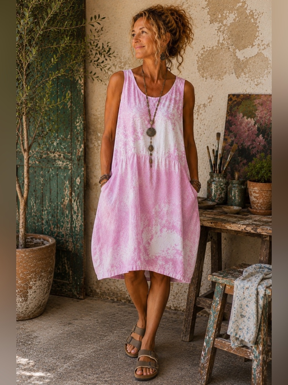Made in Italy Pink Tie Dye Linen Cotton Lagenlook Pocket Dress OS Coastal Summer
